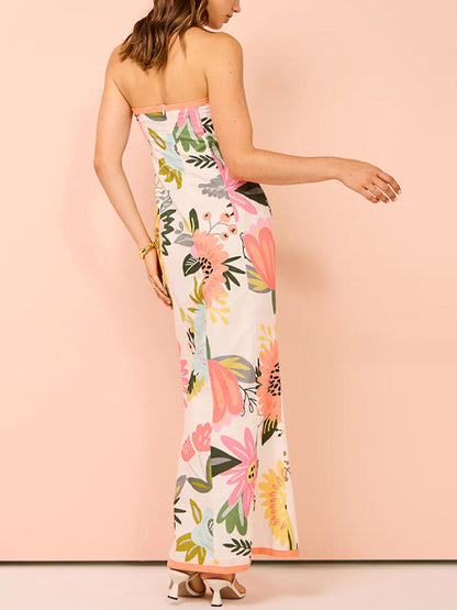 Strapless Bow Trim Floral Print Front Slit Maxi Dress