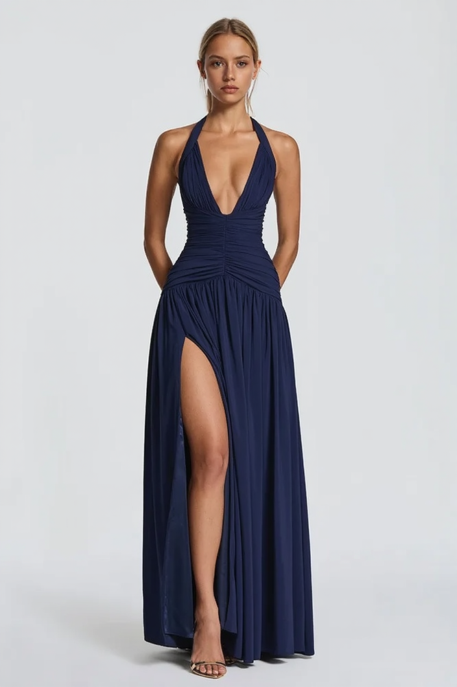 Halter Deep V Neck Ruched Bodice High Slit Maxi Gown