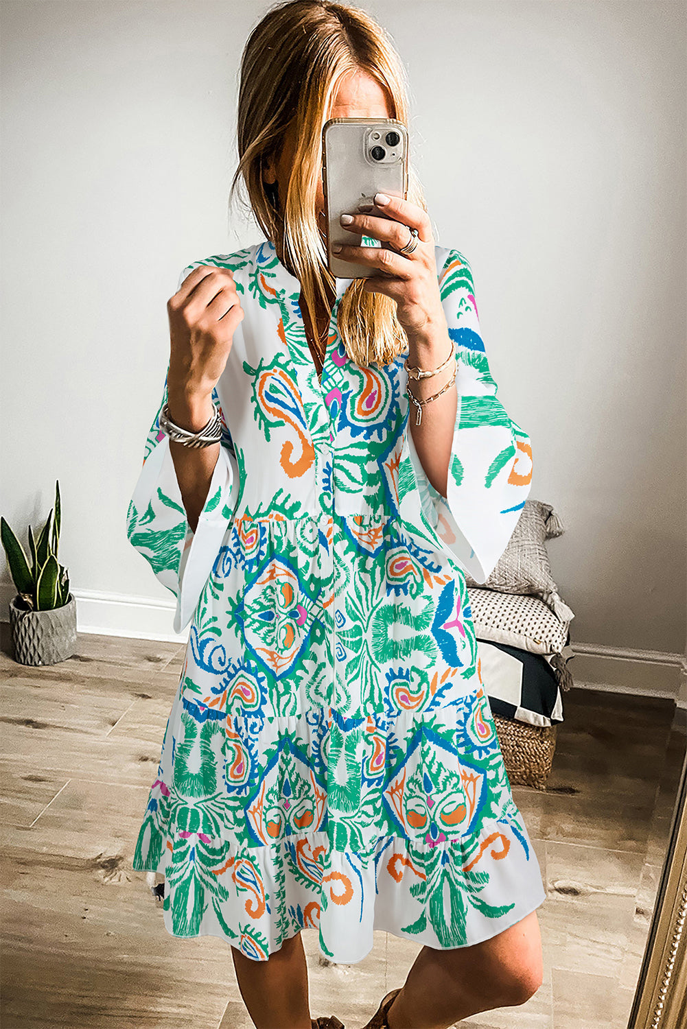 Tribal Print Button Front Bell Sleeve Tiered Mini Dress