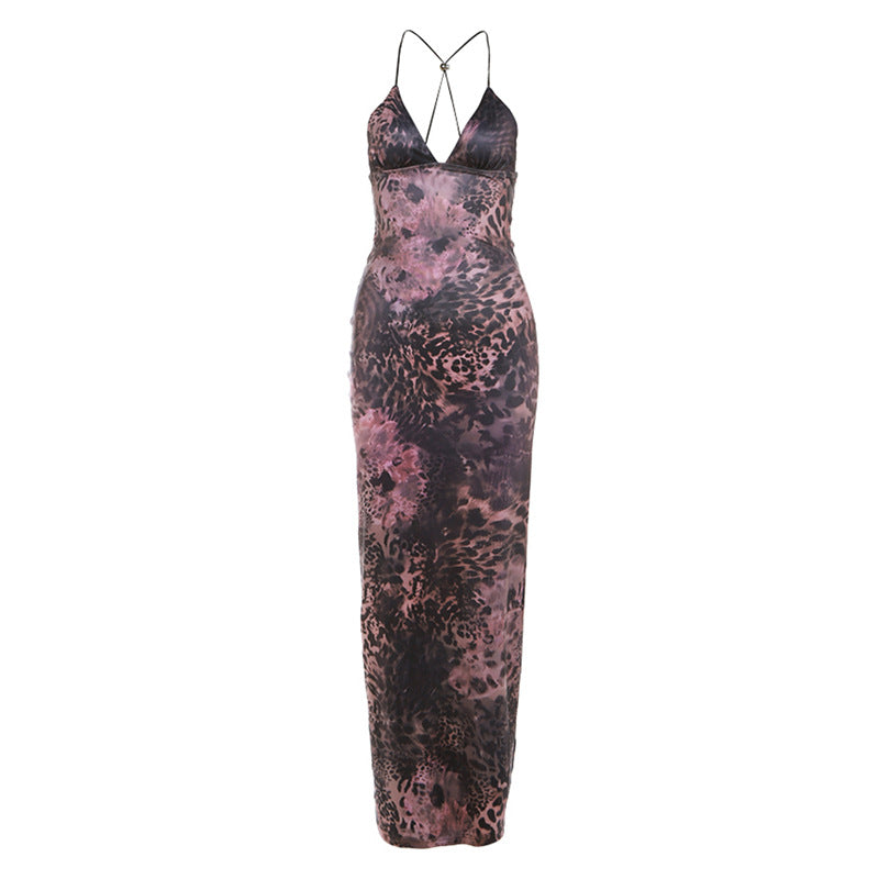 Butterfly Applique Criss Cross Strap Backless Printed Bodycon Maxi Dress
