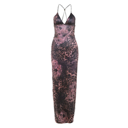 Butterfly Applique Criss Cross Strap Backless Printed Bodycon Maxi Dress
