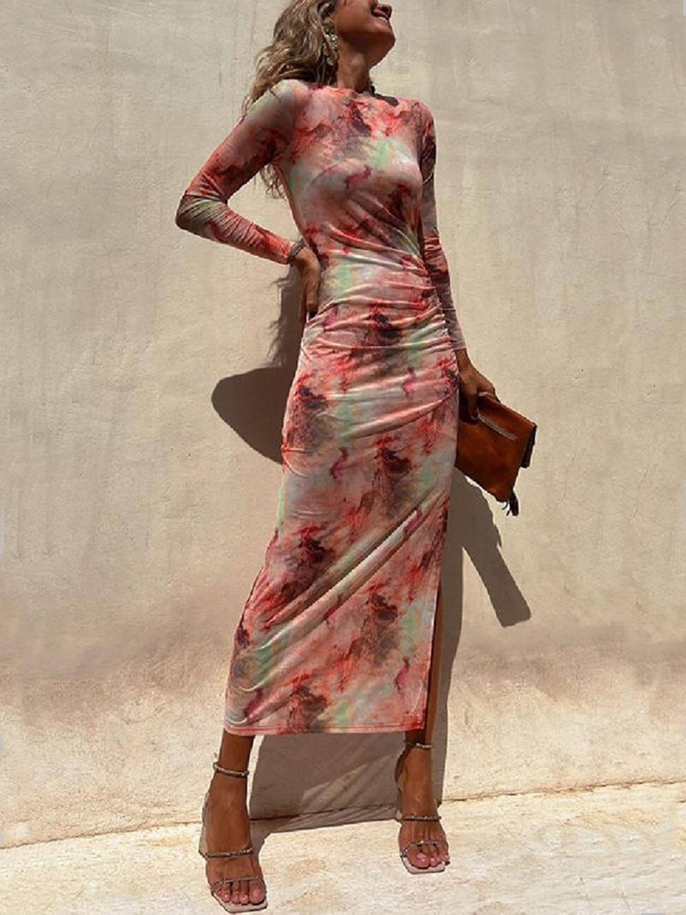 High Crew Neck Long Sleeve Abstract Marble Tie Dye Slit Maxi Dress