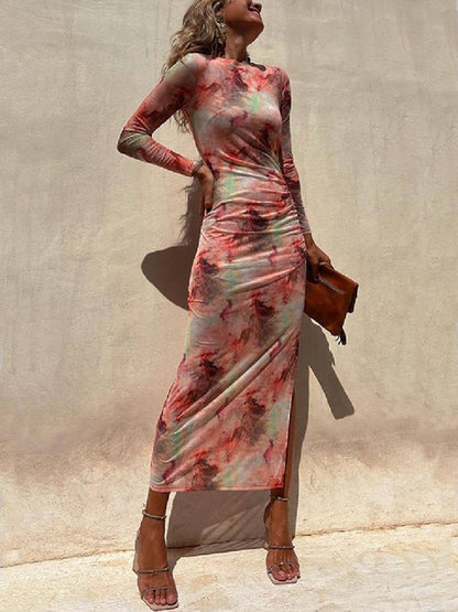 High Crew Neck Long Sleeve Abstract Marble Tie Dye Slit Maxi Dress