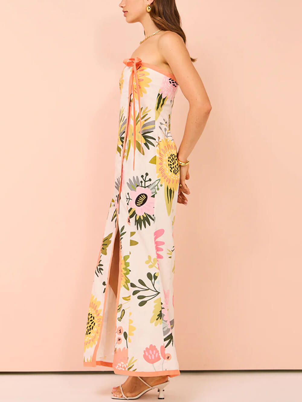 Strapless Bow Trim Floral Print Front Slit Maxi Dress