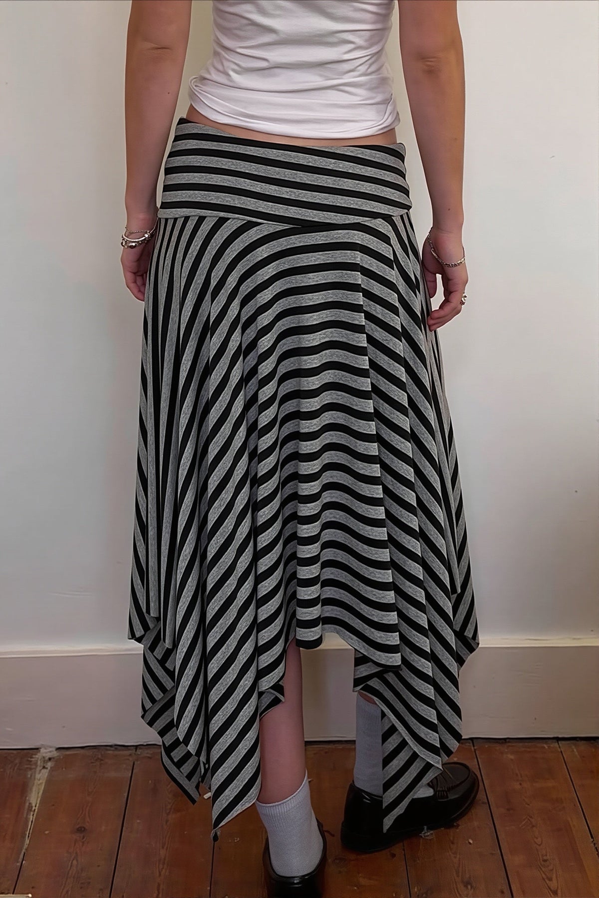 Gray Striped Ruched Asymmetric Maxi Skirt