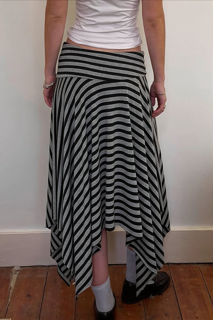Gray Striped Ruched Asymmetric Maxi Skirt