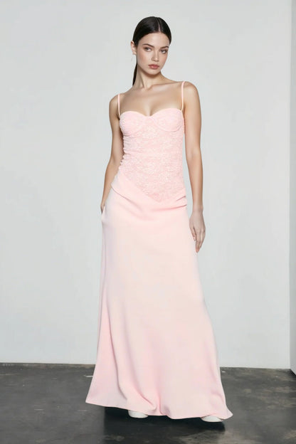 Lace Sweetheart Bodice Spaghetti Strap Pleated A Line Maxi Gown