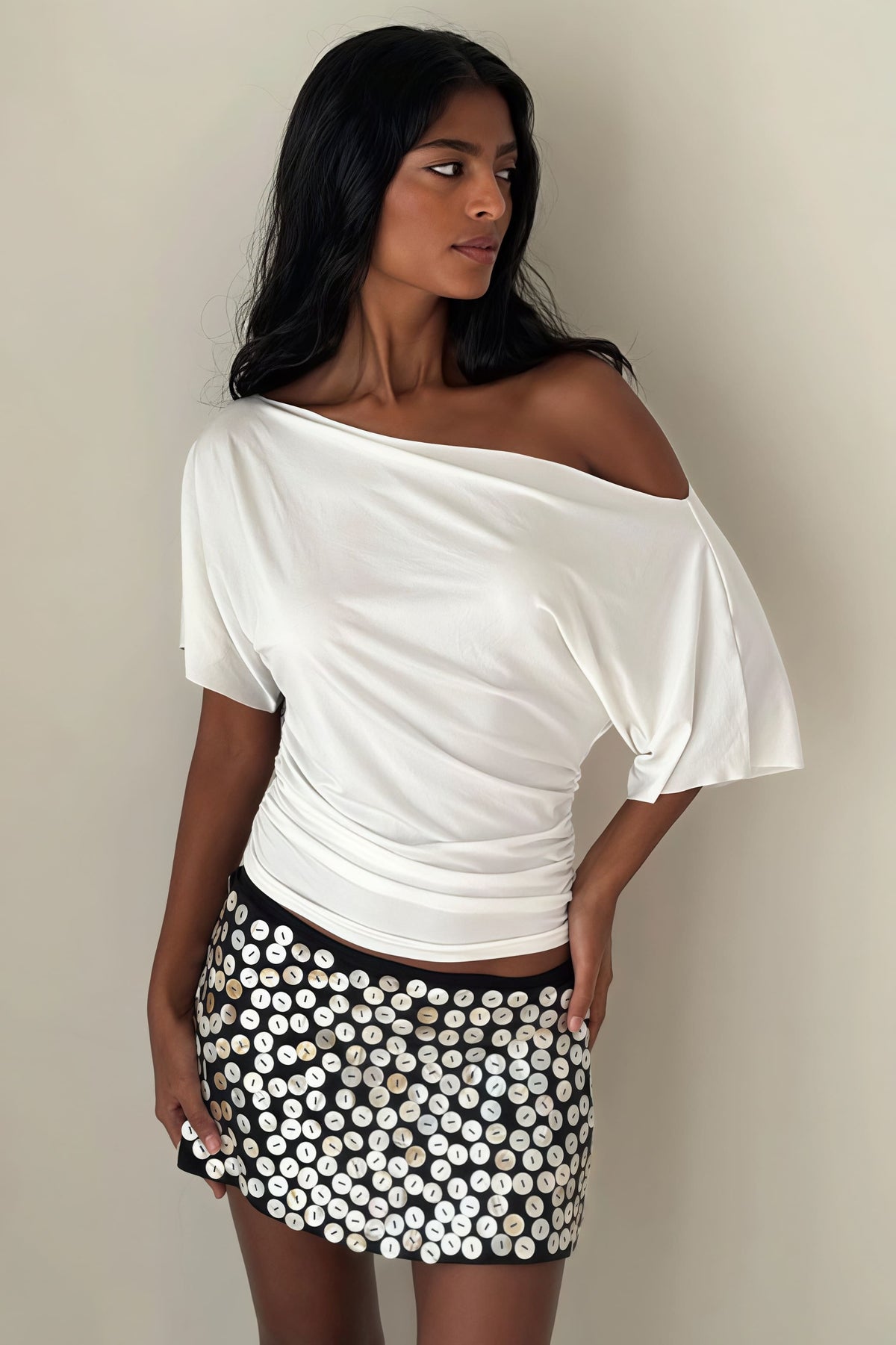 Chic Solid Off Shoulder Shirred Waist T-shirt