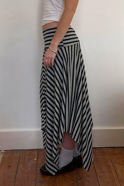 Gray Striped Ruched Asymmetric Maxi Skirt