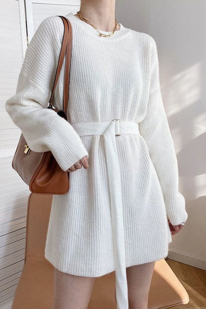 Rib Knit Belted Square Buckle Balloon Sleeve Sweater Mini Dress