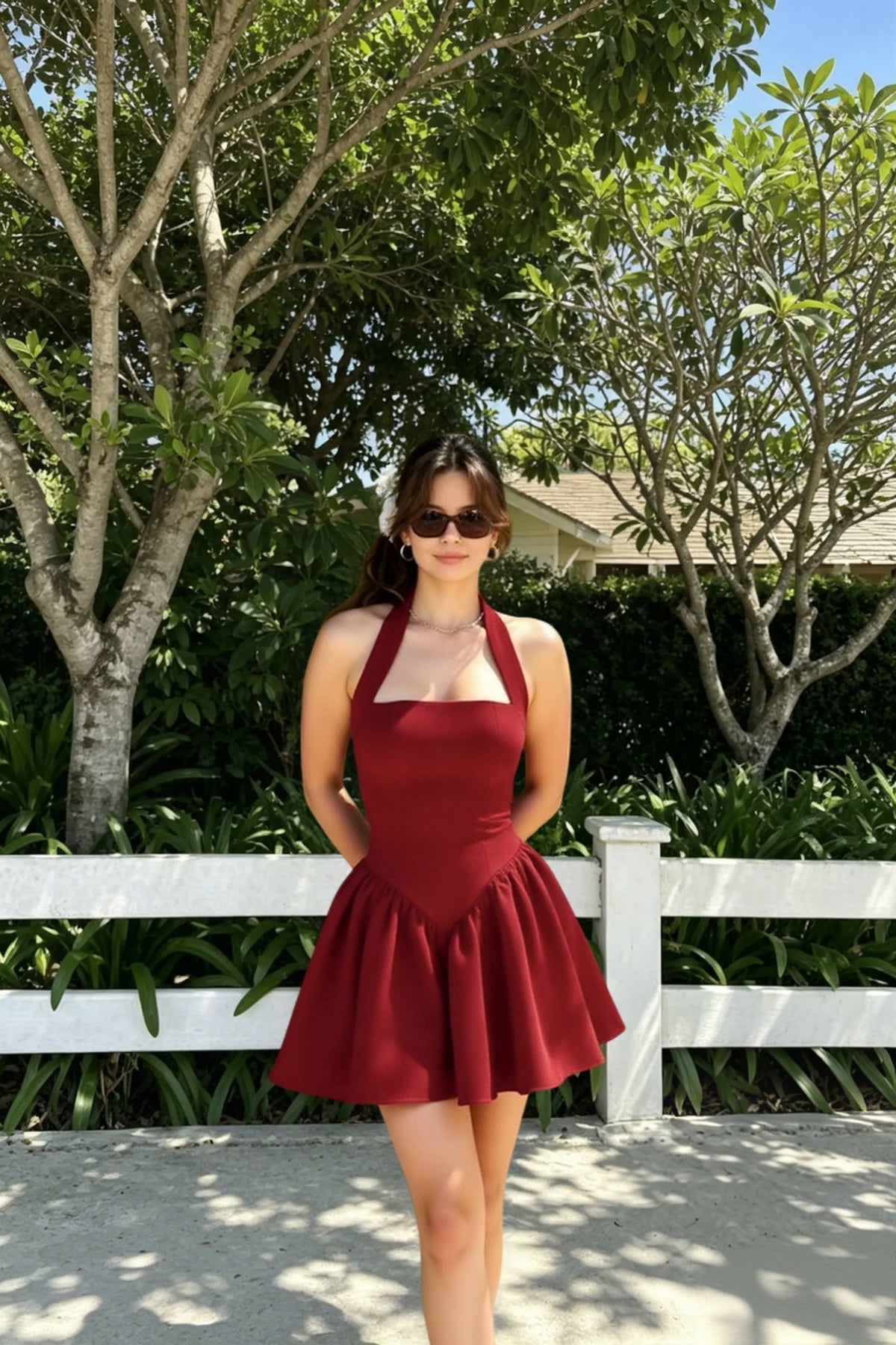 Halter Square Neck Drop Waist Flared Mini Dress