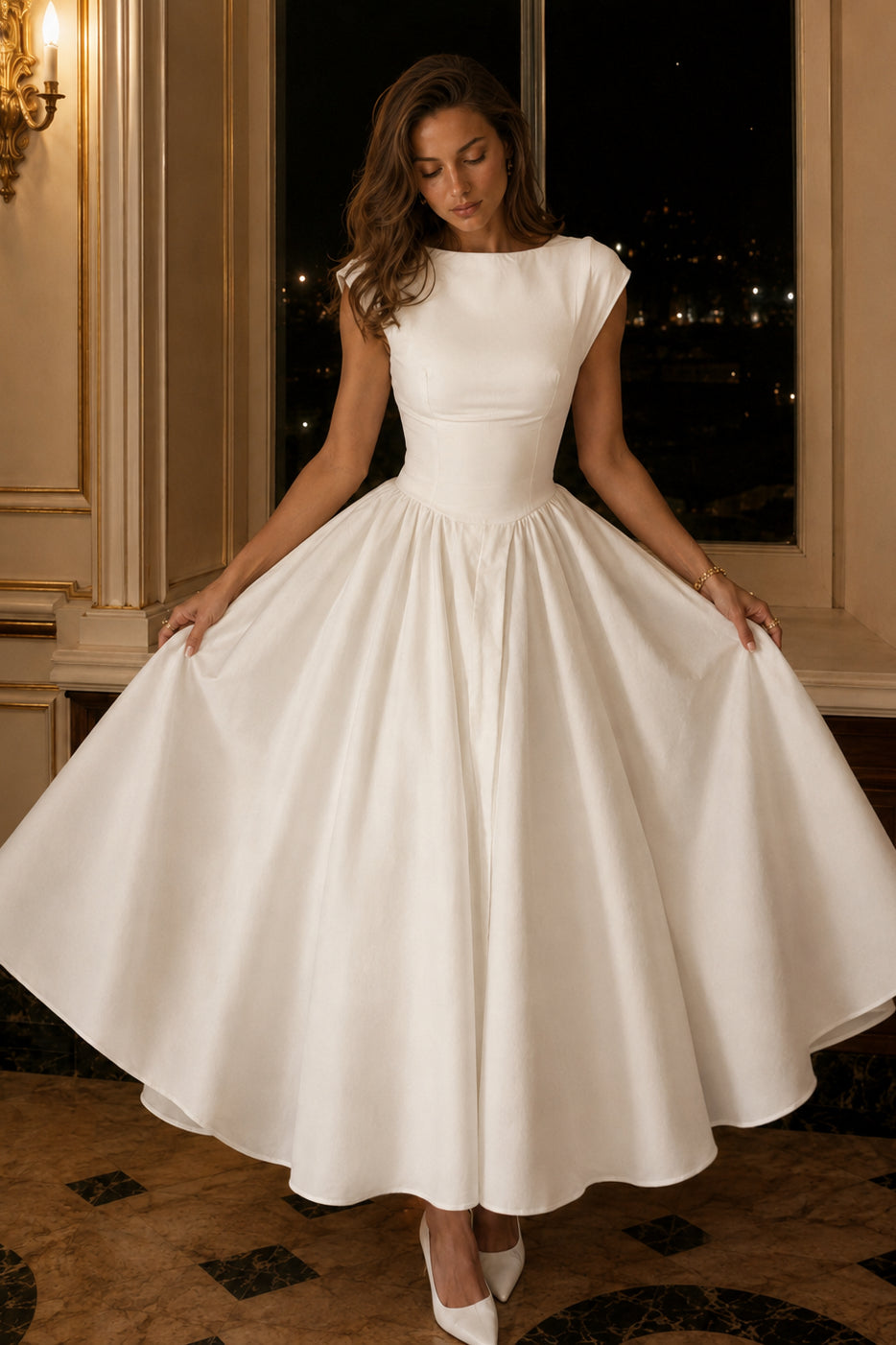 Boat Neck Cap Sleeve Basque Waist Pleated Midi Dress