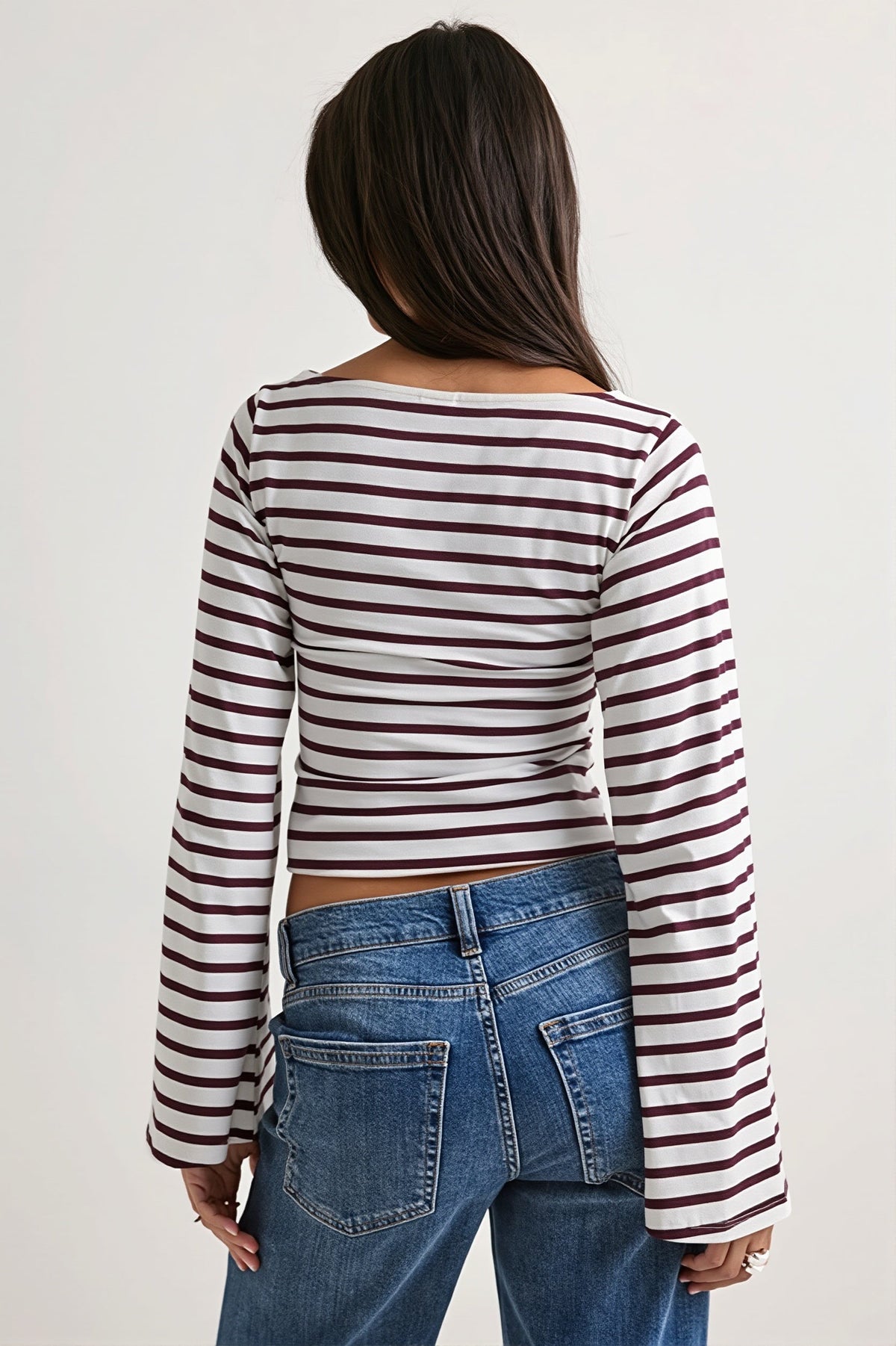 Stripe Boat Neck Flare Sleeve T-shirt