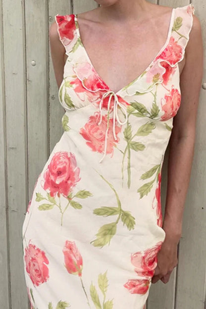 Large Floral Print Ruffle Trim Tie-Front Spaghetti Strap Chiffon Midi Dress