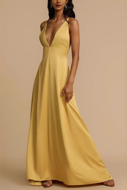 Satin Deep V Backless Maxi Silk Dress