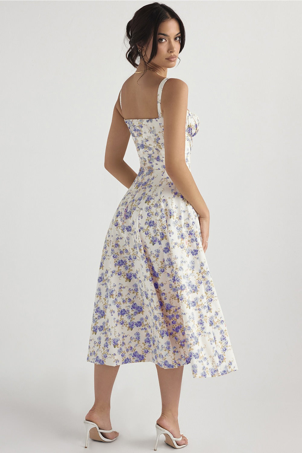 Floral Print Sweetheart Corset Bodice Wide Strap Fit and Flare Midi Dress