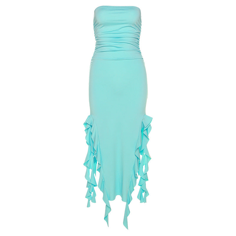 Strapless Ruched Double Slit Ruffle Hem Midi Dress