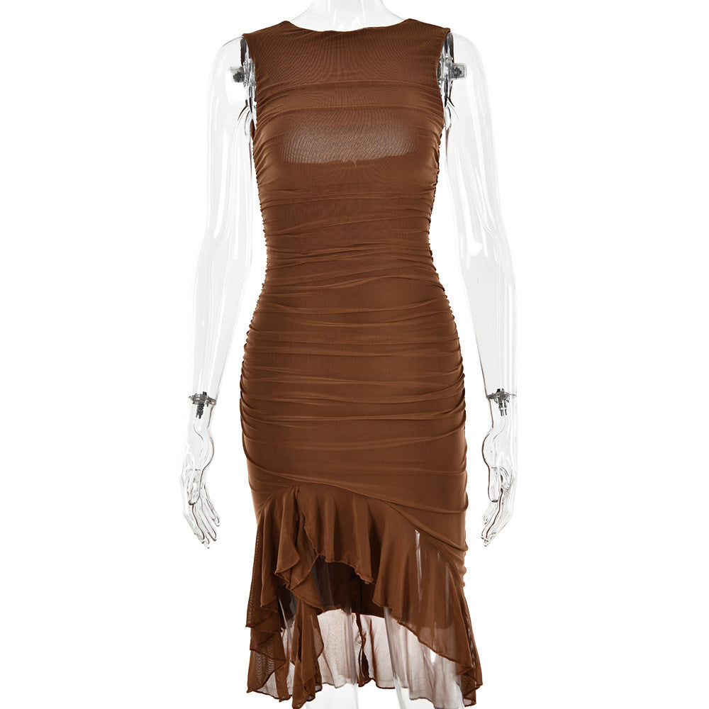 Ruched Sleeveless Ruffle Zip Up Backless Midi Dress