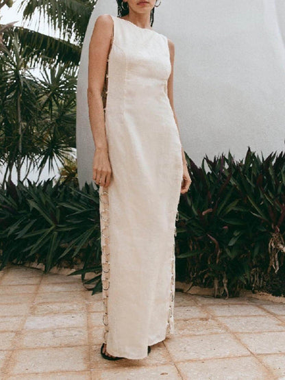 Abstract Swirl Print High Neck Sleeveless Ring Link Side Slit Maxi Dress