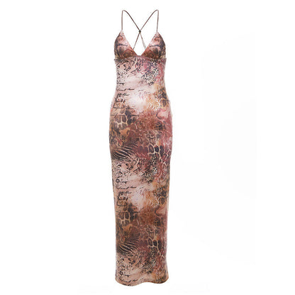 Butterfly Applique Criss Cross Strap Backless Printed Bodycon Maxi Dress