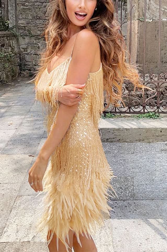 V Neck Fringe Bodice Sequin Feather Hem Spaghetti Strap Mini Dress