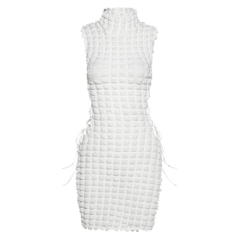 Mock Neck Sleeveless Popcorn Knit Side Lace-Up Cutout Mini Dress