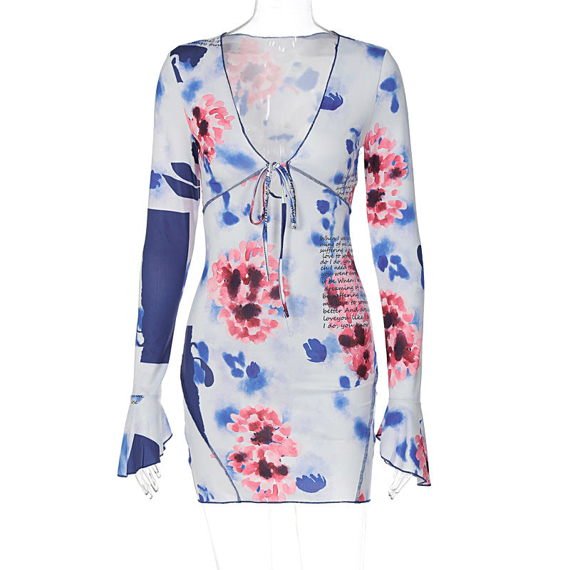 Abstract Print Deep V Tie Front Flared Sleeve Mini Dress