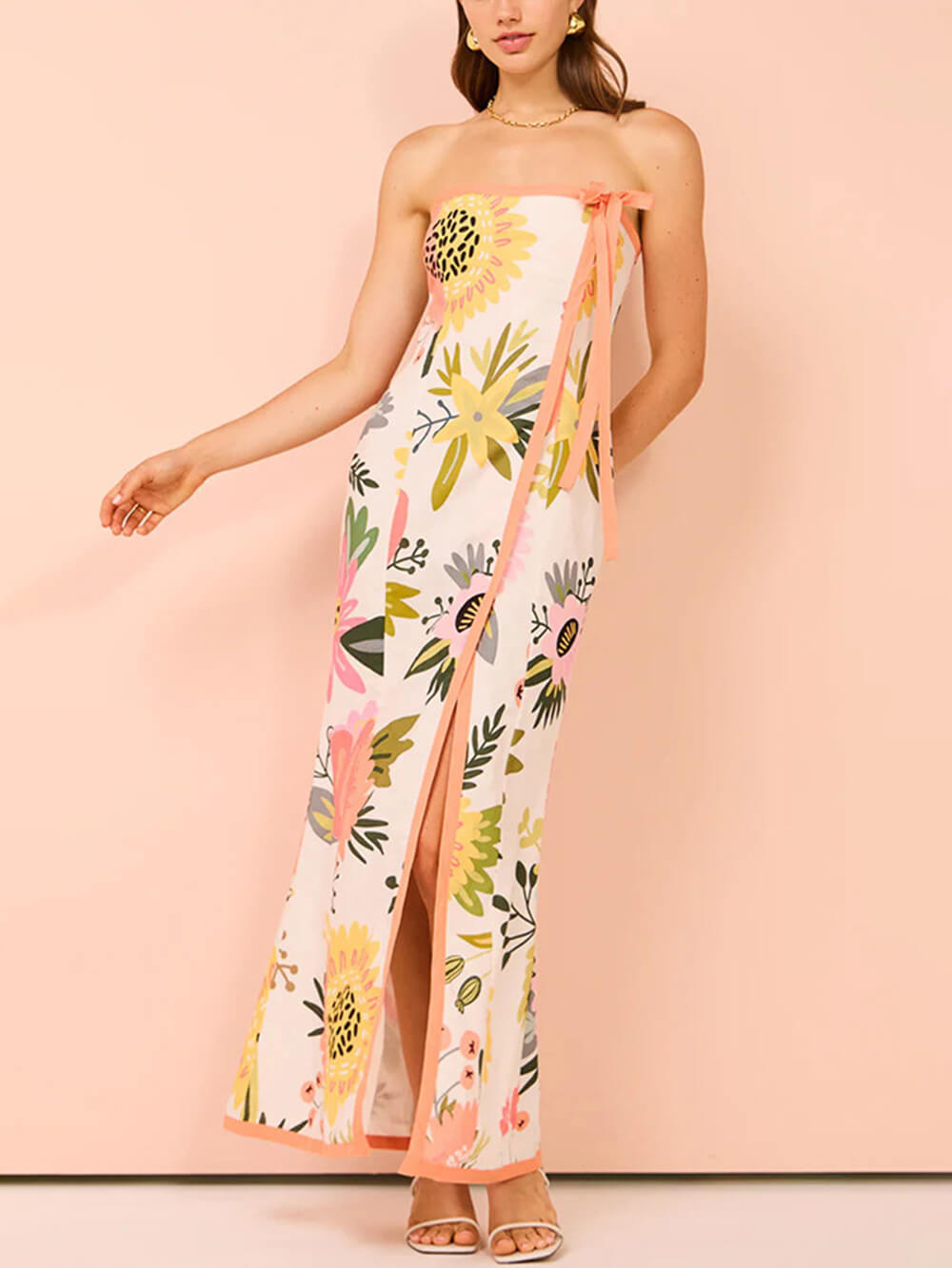Strapless Bow Trim Floral Print Front Slit Maxi Dress