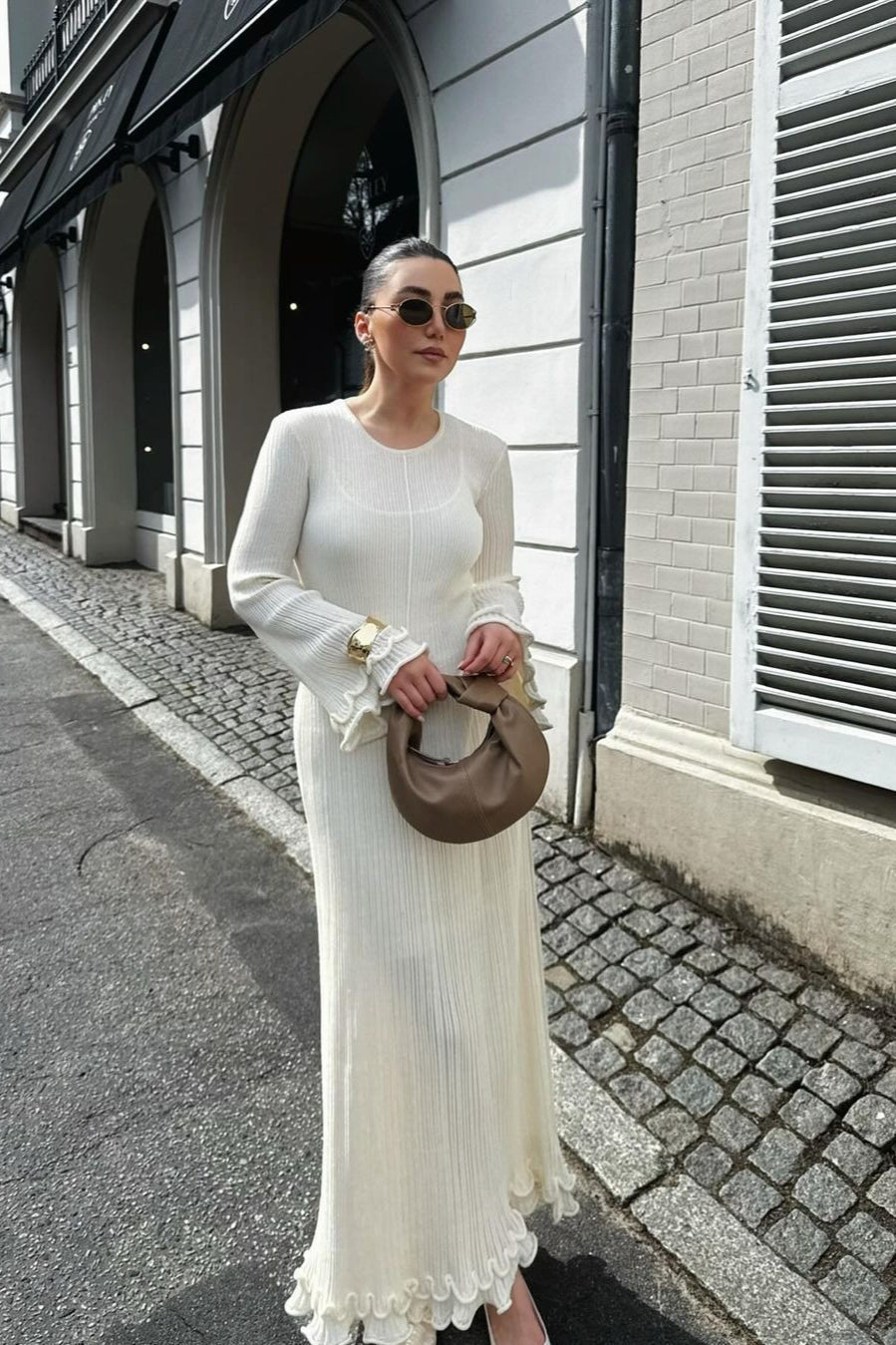 Rib Knit Ruffled Cuff Lettuce Hem Long Sleeve Maxi Dress