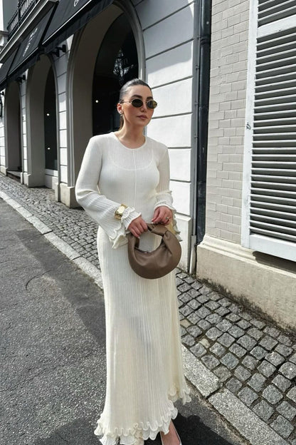 Rib Knit Ruffled Cuff Lettuce Hem Long Sleeve Maxi Dress