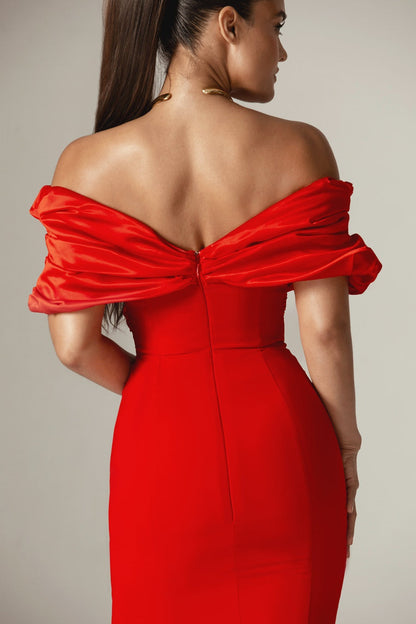 Off Shoulder Draped Satin Bodice High Split Column Maxi Gown