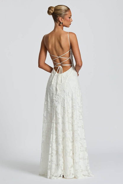 Square Neck Spaghetti Strap Ruched Burnout Floral Lace Maxi Dress