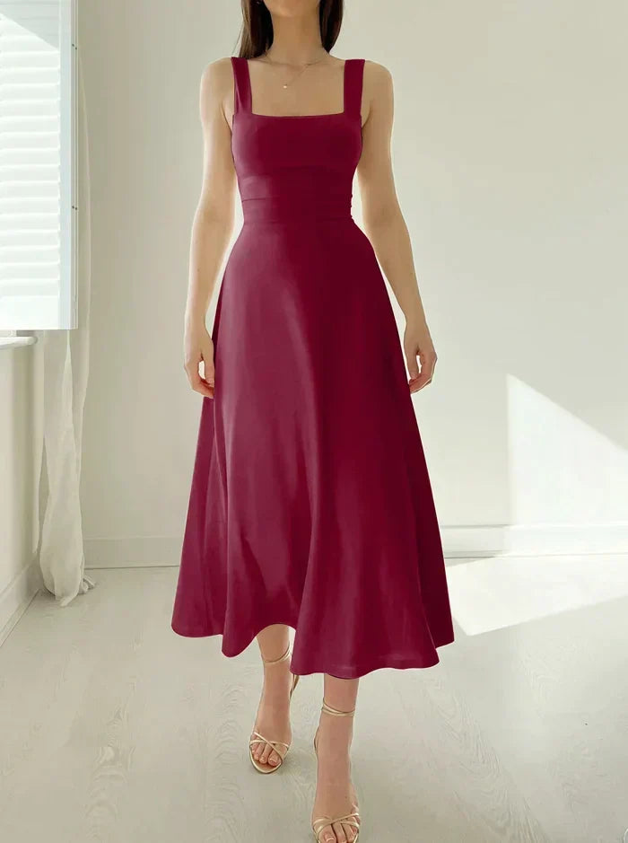 Square Neck Wide Strap A-Line Midi Dress