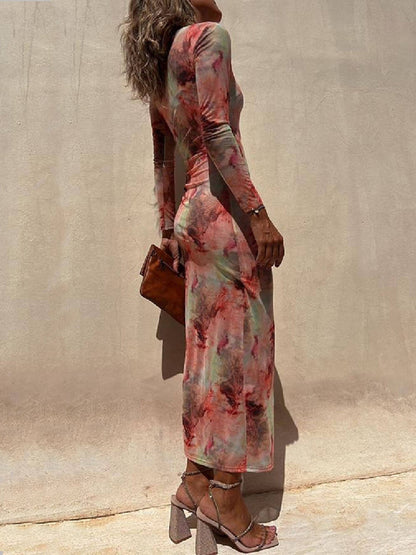 High Crew Neck Long Sleeve Abstract Marble Tie Dye Slit Maxi Dress