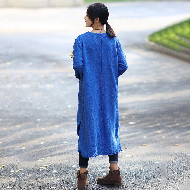 V Neck Frog Button Long Sleeve Side Slit Ankle Length Tunic Dress