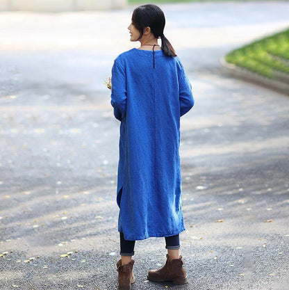 V Neck Frog Button Long Sleeve Side Slit Ankle Length Tunic Dress
