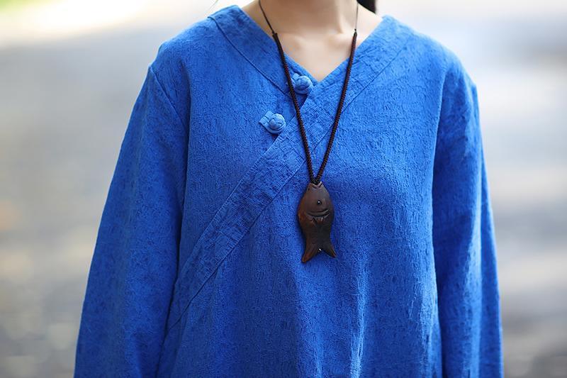 V Neck Frog Button Long Sleeve Side Slit Ankle Length Tunic Dress