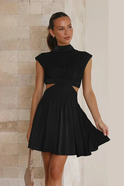 Mock Neck Sleeveless Waist Cutout Flared Skirt Mini Dress