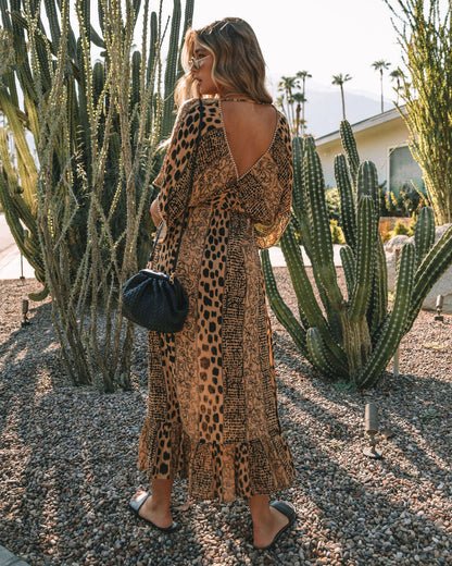 V-Neck Cape Sleeve Cinched Waist Mixed Print Side Slit Maxi Dress
