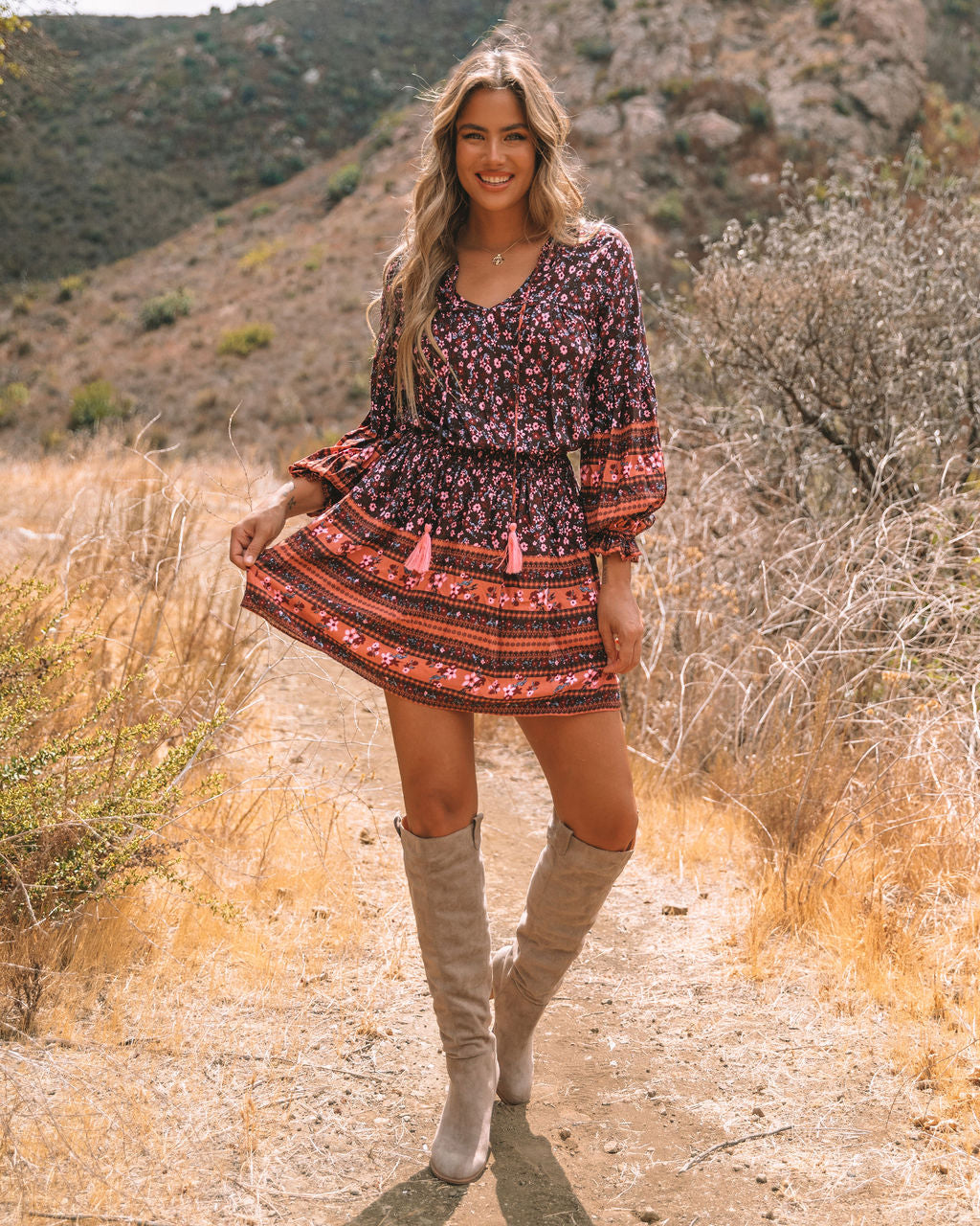 Deep V Drawstring Neck Paisley Border Print Ruffle Cuff Mini Dress