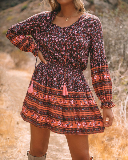 Deep V Drawstring Neck Paisley Border Print Ruffle Cuff Mini Dress