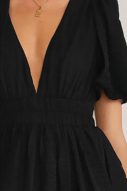 Deep V-Neck Puff Sleeve Smocked Waist Textured Fit and Flare Mini Dress