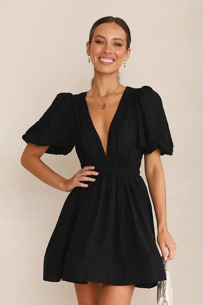 Deep V-Neck Puff Sleeve Smocked Waist Textured Fit and Flare Mini Dress