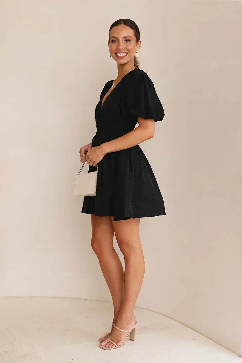 Deep V-Neck Puff Sleeve Smocked Waist Textured Fit and Flare Mini Dress