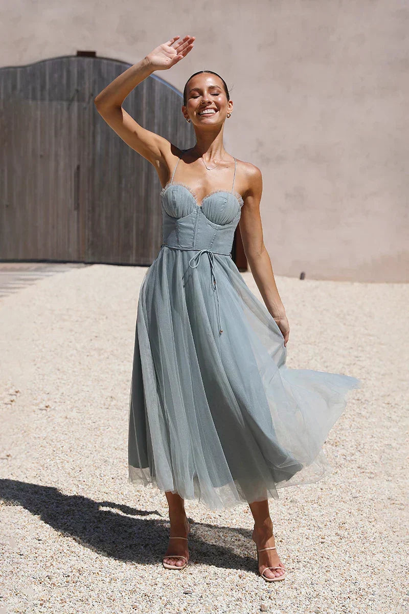 Sweetheart Neck Corset Mesh Trim Tie Waist Tulle Tiered Midi Dress