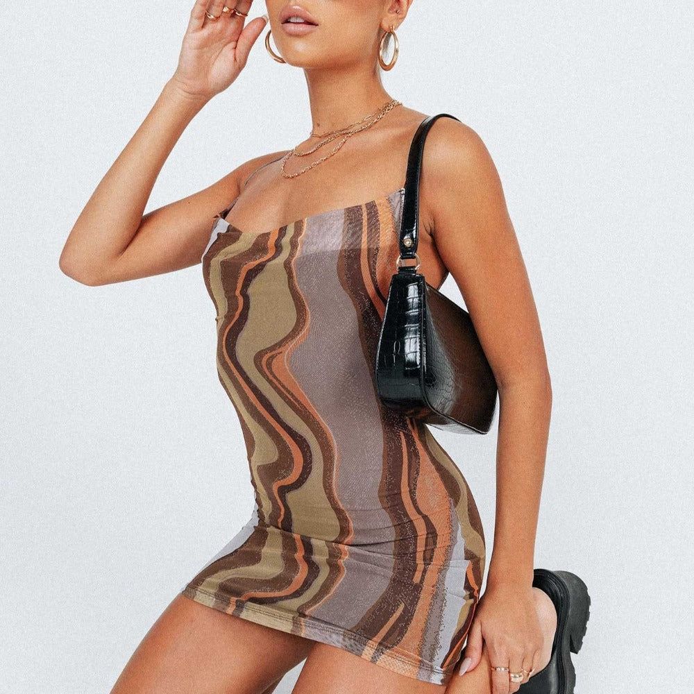 Cowl Neck Abstract Wave Print Spaghetti Strap Bodycon Mini Dress