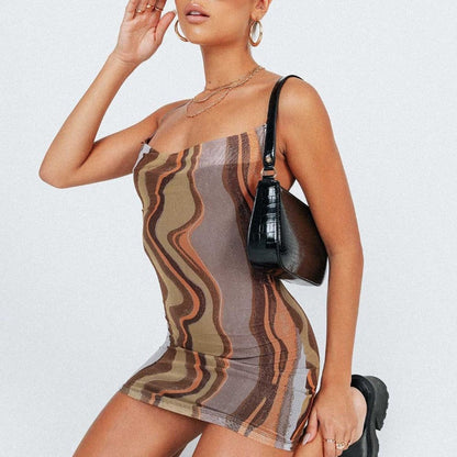 Cowl Neck Abstract Wave Print Spaghetti Strap Bodycon Mini Dress