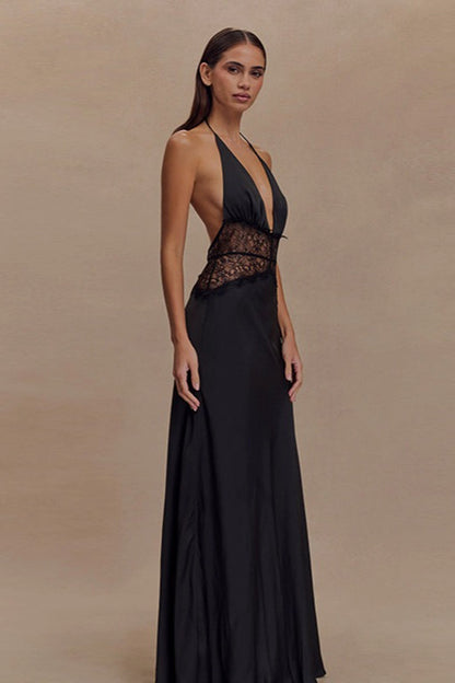 Halter Deep V-Neck Lace Panel Satin Maxi Gown