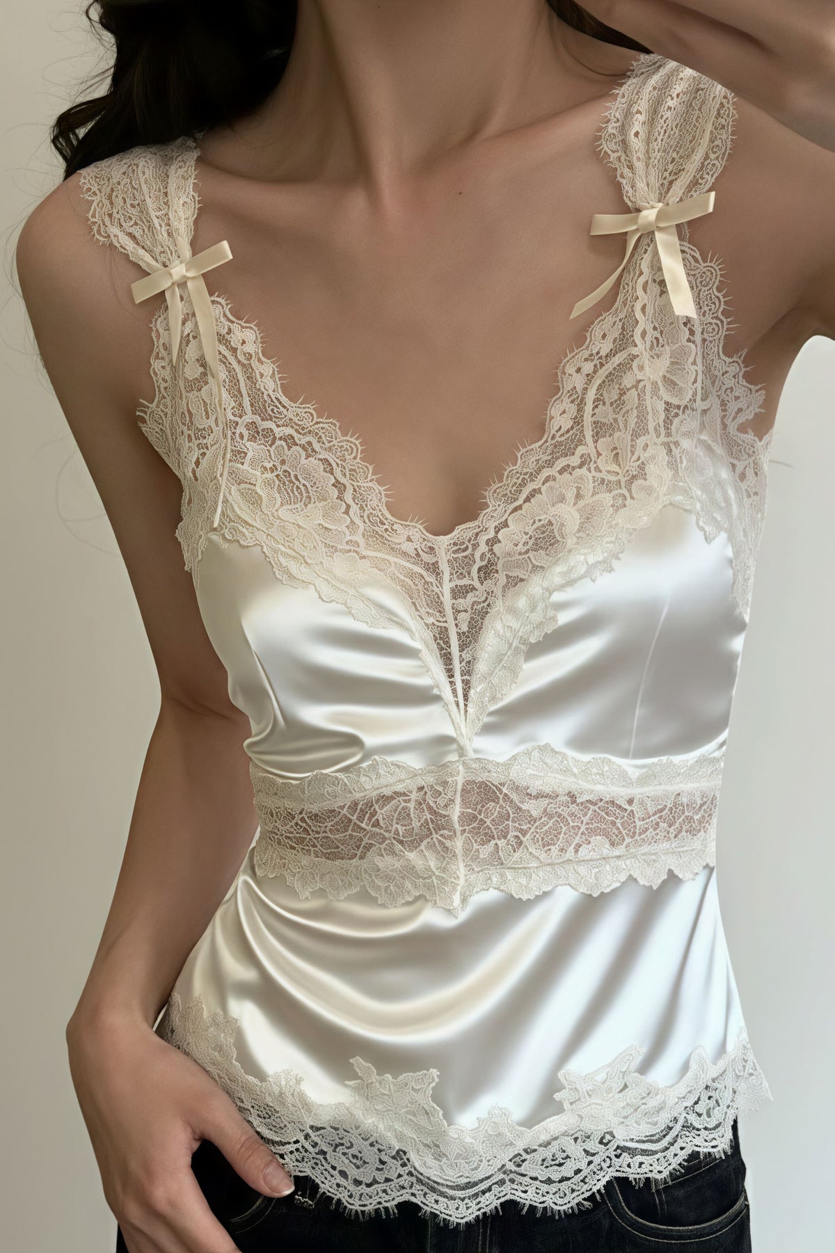 Bow Lace Patch V Neck Solid Tank Top
