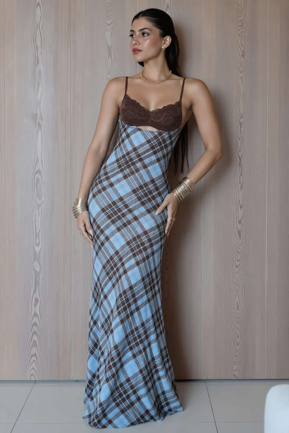 Lace Cup Plaid Panel Keyhole Cutout Column Maxi Slip Dress